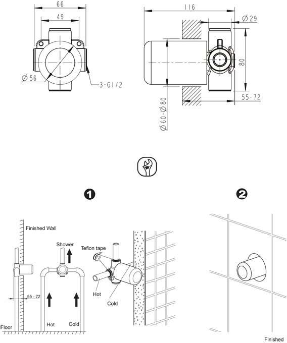 Bravat Скрытая часть встраиваемого смесителя (1-функц) D999CP-RUS