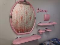 Набор для ванны зеркало овал, полка мыльница и крючки LIDER пластик розовый