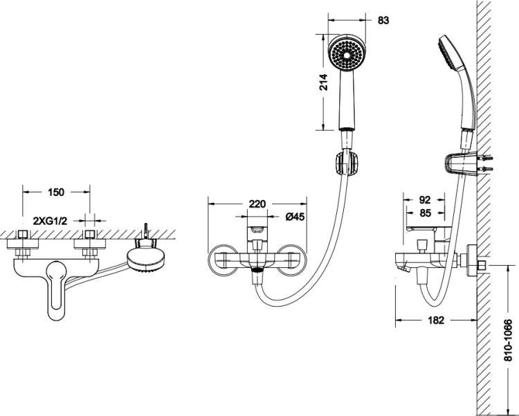 Bravat Stream Смеситель для ванны с коротким изливом с аксессуарами F63783C-B