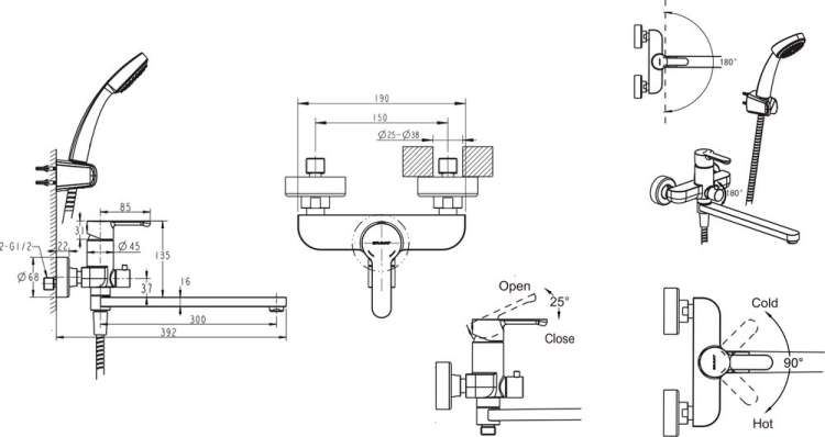 Bravat Stream Смеситель для ванны с длинным изливом с аксессуарами F63783C-LB
